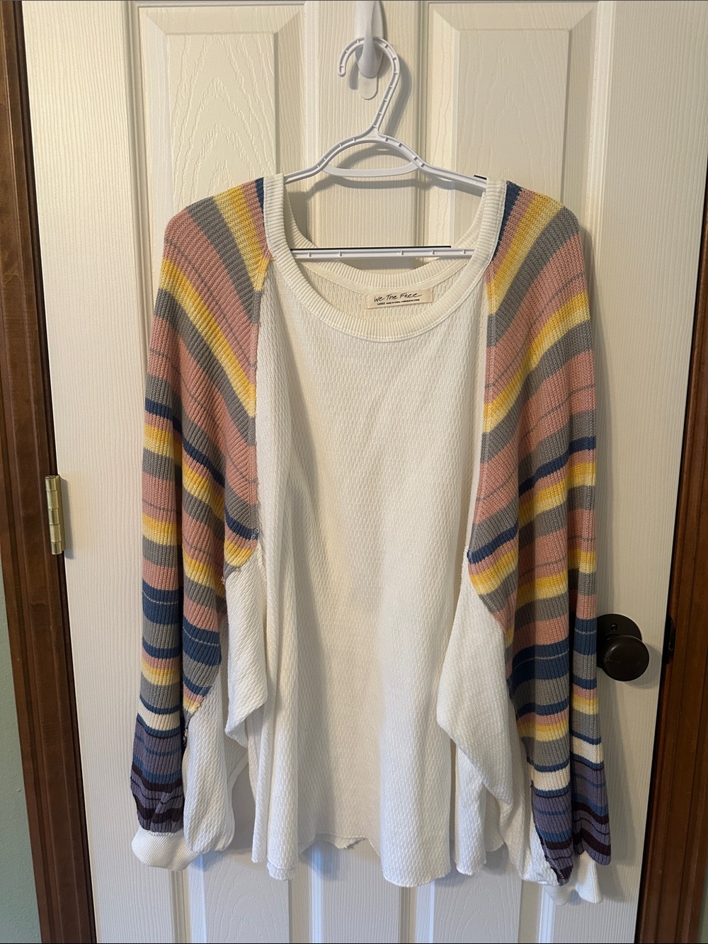 We The Free Striped Open-Front Cardigan in White, Pink, Yellow & Blue
